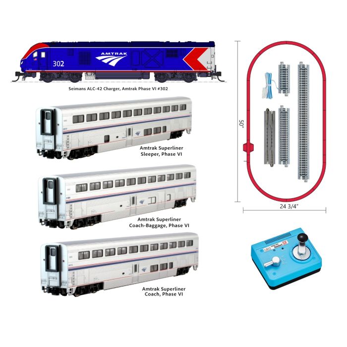 slim Grand Lima Kato 106-0019, N Scale Siemens ALC-42 & Superliner Ph VI 4-Unit Complete  Starter Set, Std. DC, Amtrak #302, w Track & PowerPack