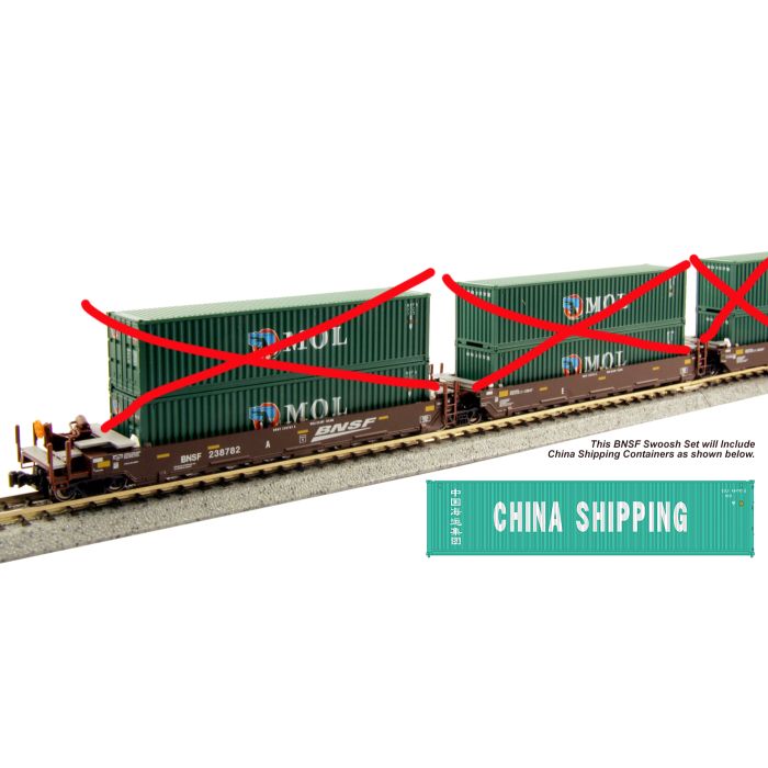Kato , N Scale Gunderson MAXI I 5 Unit Well Cars, BNSF Swoosh Logo  # w China Shipping ft Containers