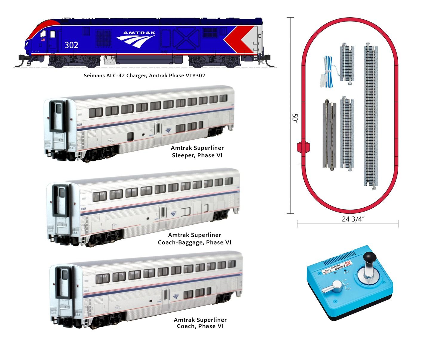 Kato 106-0019, N Scale Siemens ALC-42 & Superliner Ph VI 4-Unit Complete  Starter Set, Std. DC, Amtrak #302, w Track & PowerPack