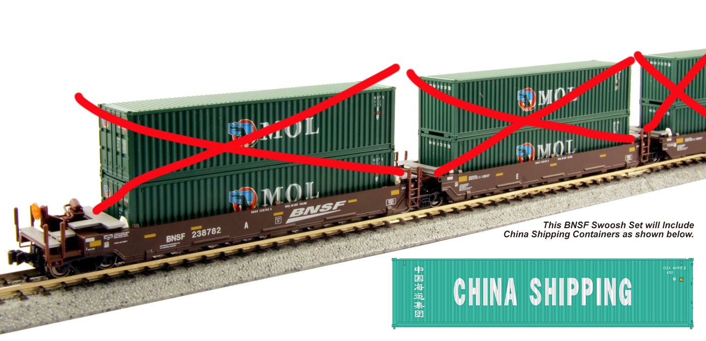 Kato 106-6210, N Scale Gunderson MAXI-I 5-Unit Well Cars, BNSF Swoosh Logo  #238403 w China Shipping 40ft Containers