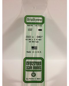 Evergreen 102, Opaque White Polystyrene Strip .010" Thick, 14" Long x .040" Wide, 10 Pack