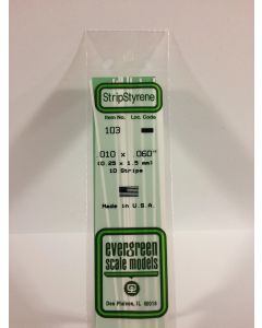 Evergreen 103, Opaque White Polystyrene Strip .010" Thick, 14" Long x .060" Wide, 10 Pack