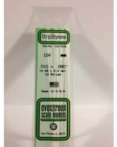 Evergreen 104, Opaque White Polystyrene Strip .010" Thick, 14" Long x. 080" Wide, 10 Pack