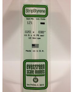 Evergreen 121, Opaque White Polystyrene Strip .020" Thick, 14" Long x .030" Wide, 10 Pack