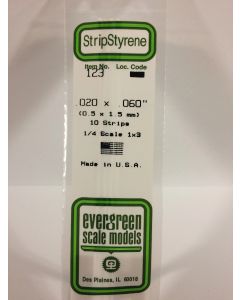 Evergreen 123, Opaque White Polystyrene Strip .020" Thick, 14" Long x .060" Wide, 10 Pack