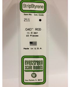 Evergreen 211, Styrene Rod, .040" .10cm Diameter, 10 Pack