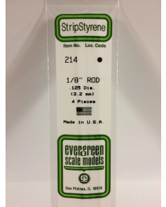 Evergreen 214, Styrene Rod, .125" .32cm Diameter, 4 Pack